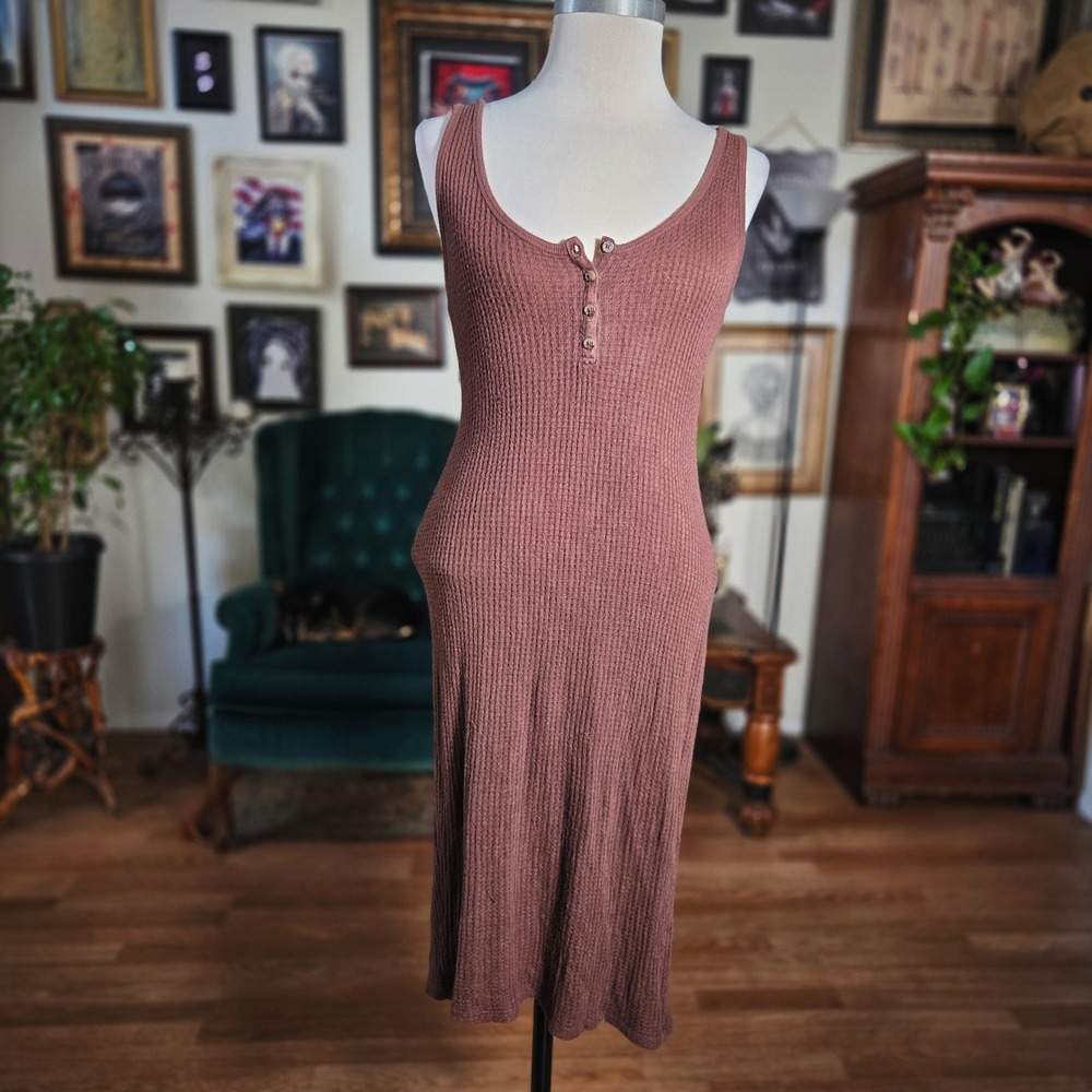 Forever 21 Ribbed Knit Midi Dress Button Neck Mauve Sleeveless Women's M
